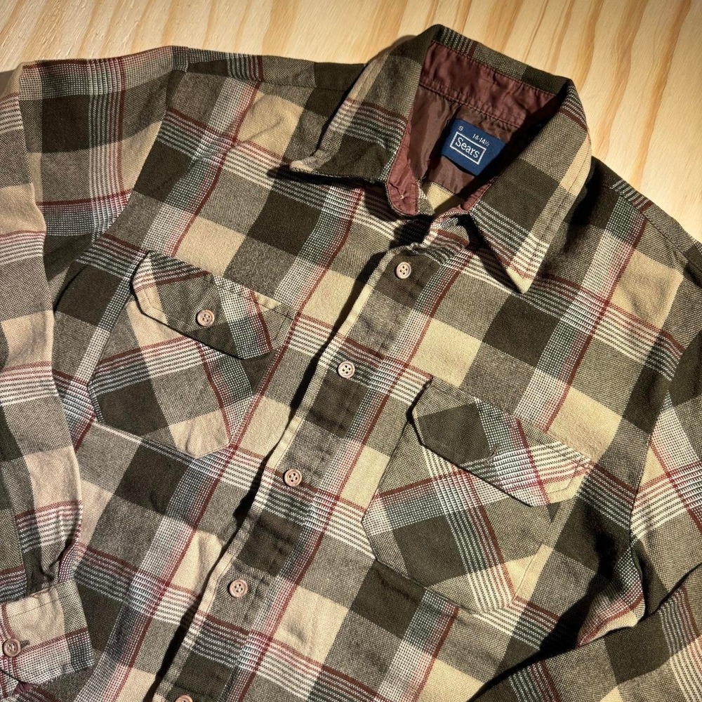 Vintage Sears Flannel Shirt Green Brown Plaid 70s 80s Mens Small